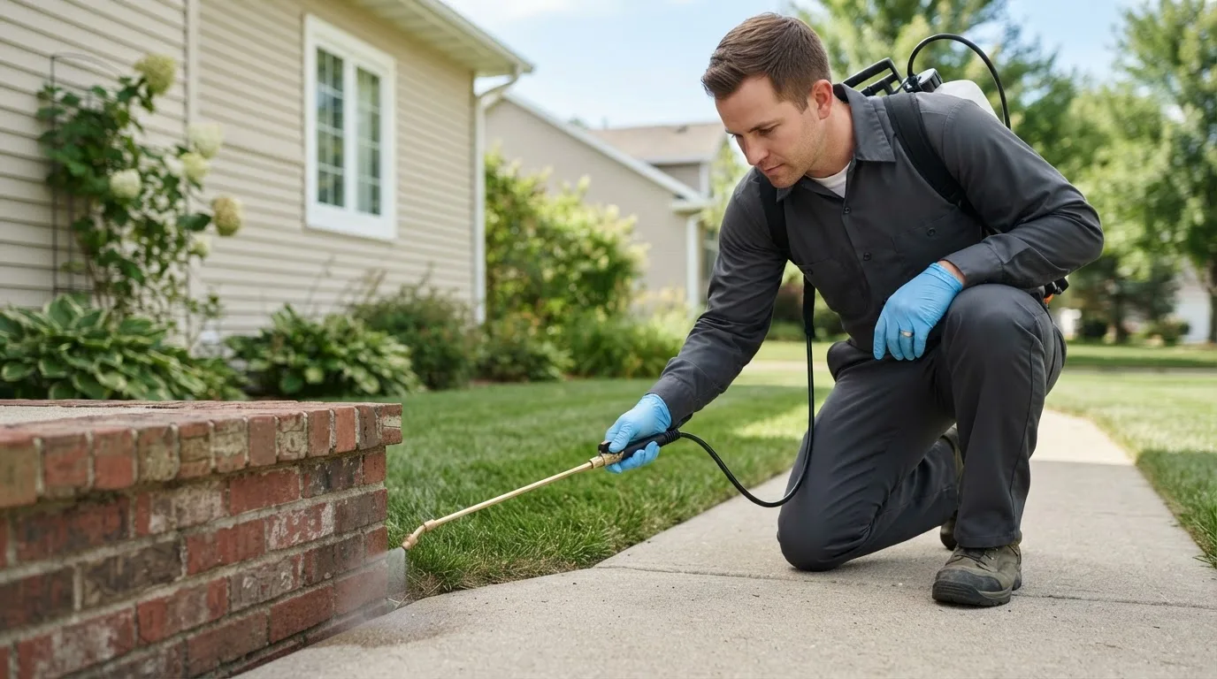 Pest control technician treating a home near Pleasantville, OH