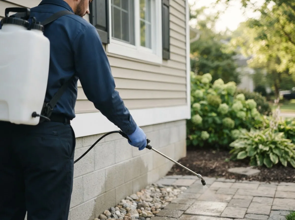 Pest control technician inspecting a home in Pleasantville, OH